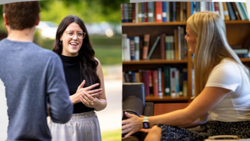 A collage of two photos. On the left, someone speaks to a group outside, and on the right, someone sits in a library.