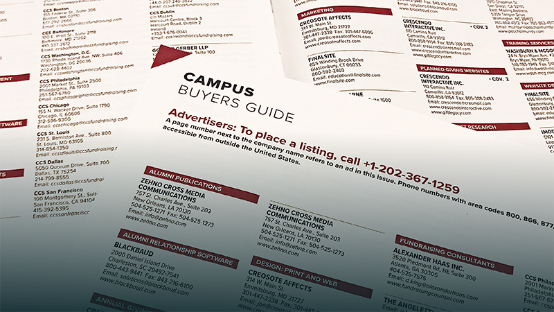 Photo of various Campus Buyer Guides in physical copies of Currents magazine