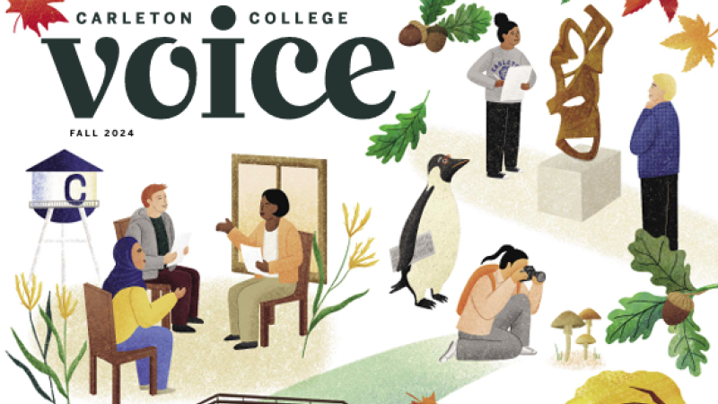 Below the Carleton College Voice Fall 2024 masthead, illustrations of people sitting in chairs having a discussion and another pair admiring an art statue.