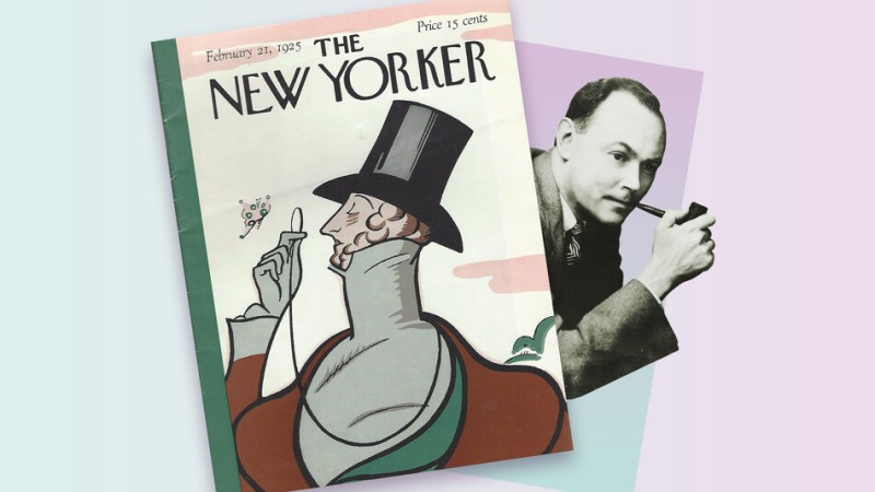 A photo of a cover of The New Yorker with its mascot Eustace Tilley and the mascot's creator Corey Ford.
