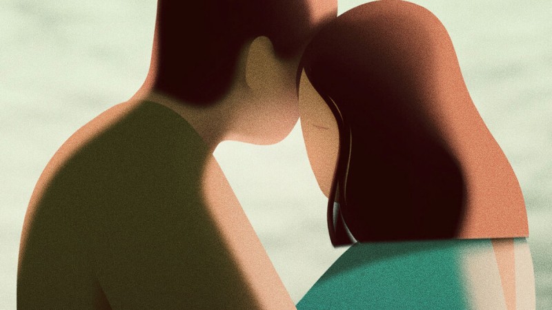 An illustration of a man and woman embracing, their heads tipped together.