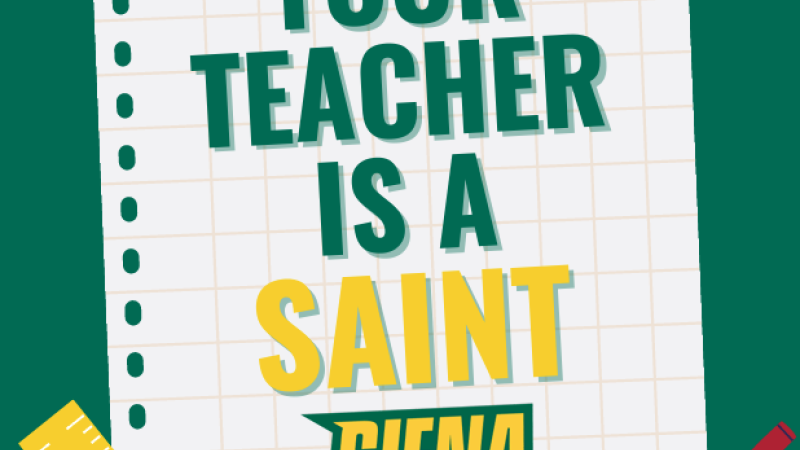 A poster reads, "Your teacher is a Saint" in green- and yellow-colored text and features illustrations of notebooks, sticky notes, a microscope, and rulers in its corners.