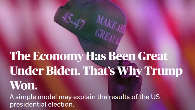 Screenshot of the headline "The Economy Was Great Under Biden. That’s Why Trump Won." Behind the text is the image of a MAGA hat being held in the air.