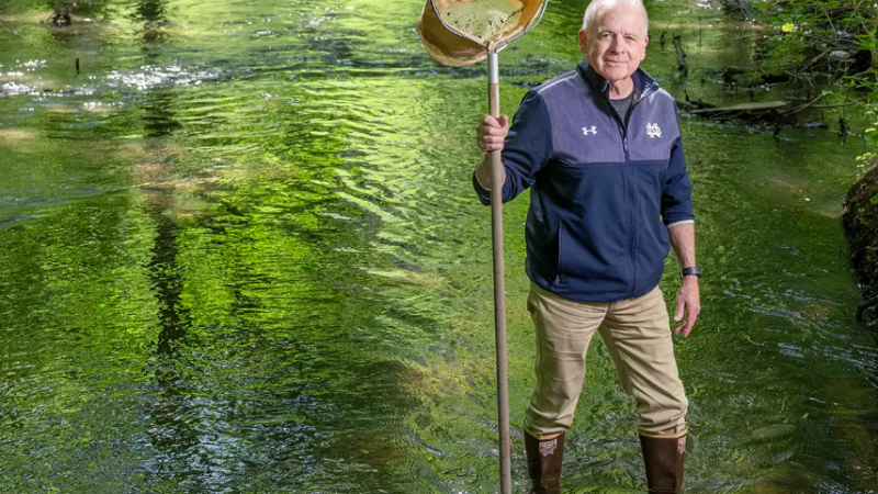 Notre Dame Professor Gary Lamberti stands in a shallow river holding a net.