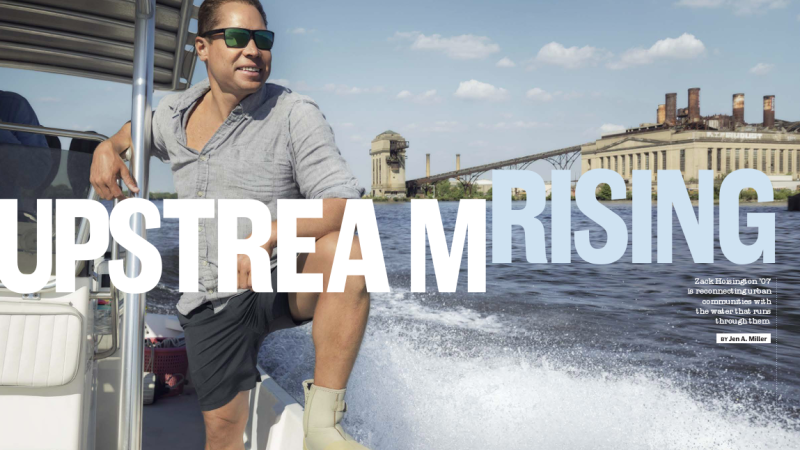 A feature spread from The Lawrentian's fall 2024 issue shows a man in a boat and the words "Upstream Rising."