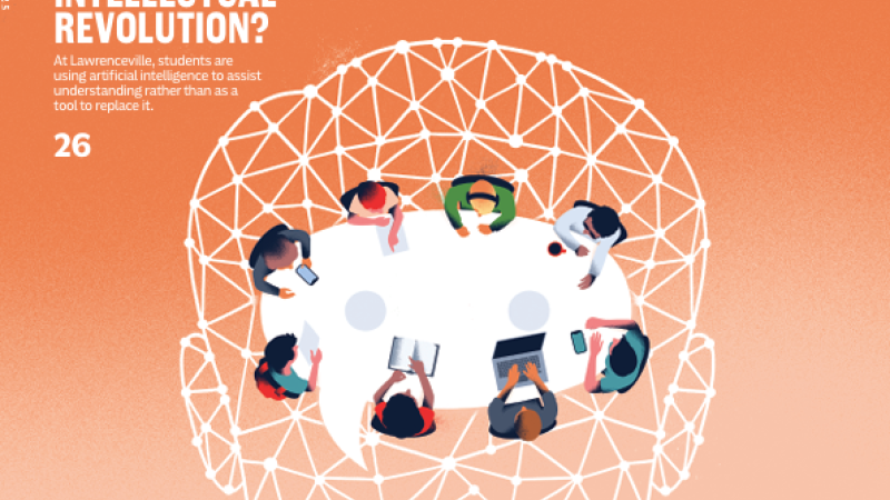 The cover of the Winter/Spring 2025 issue of The Lawrentian features an orange background with the figure of a head and shoulders made of connective white lines. In the center of the head's face is a bird's eye view of eight people meeting around a white oval-shaped table.