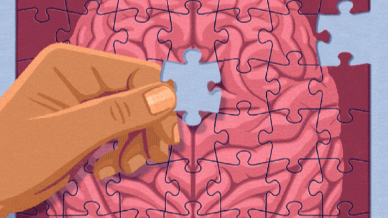 Illustration of a hand adding a blank-colored puzzle piece to a pink-colored puzzle of a brain.