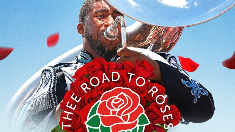 A poster for JSU's Thee Road to the Roses campaign shows a marching band member playing tuba with rose petals floating in the background.