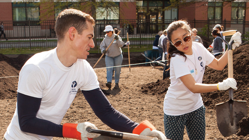 Volunteers digging and preparing ground for planting