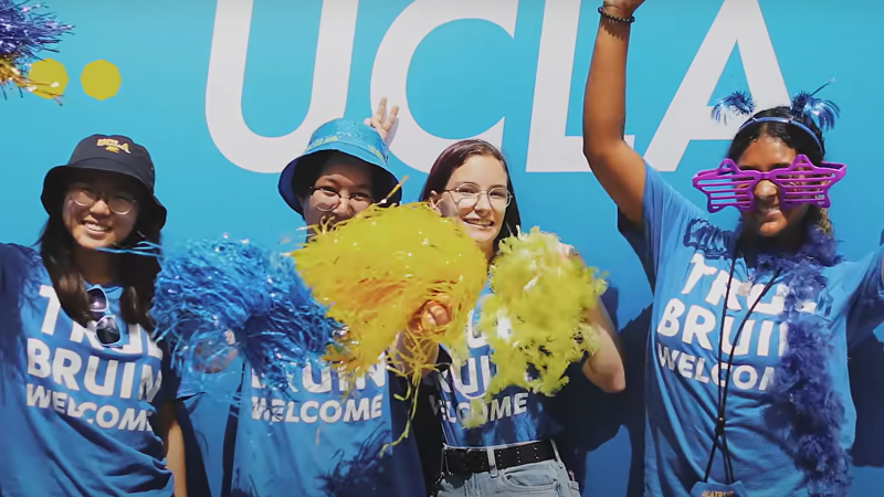 Four UCLA students dressed in university merch and holding pom-poms and wearing purple joke glasses pose for a photo.