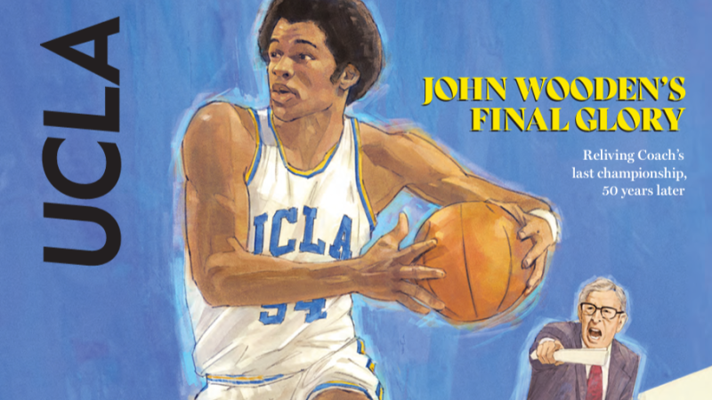 Illustration of John Wooden coaching a UCLA basketball player from the sidelines next to the UCLA masthead. 