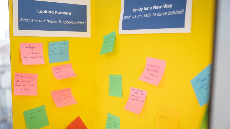 A photo of a poster board covered in yellow paper with several multi-colored sticky notes stuck to it.