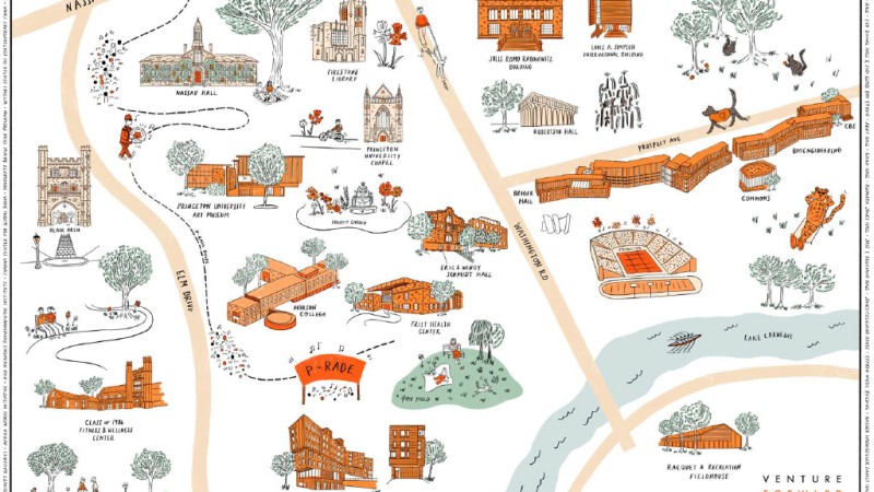 An orange, green, and white illustration of a map of the Princeton University campus, with new buildings to be built featured in white and preexisting buildings in orange.