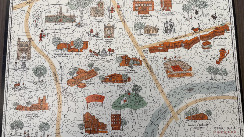 A photo of a puzzle with unique non-traditional shapes. The image is of an orange-, green-, and white-colored illustration of the Princeton's campus.