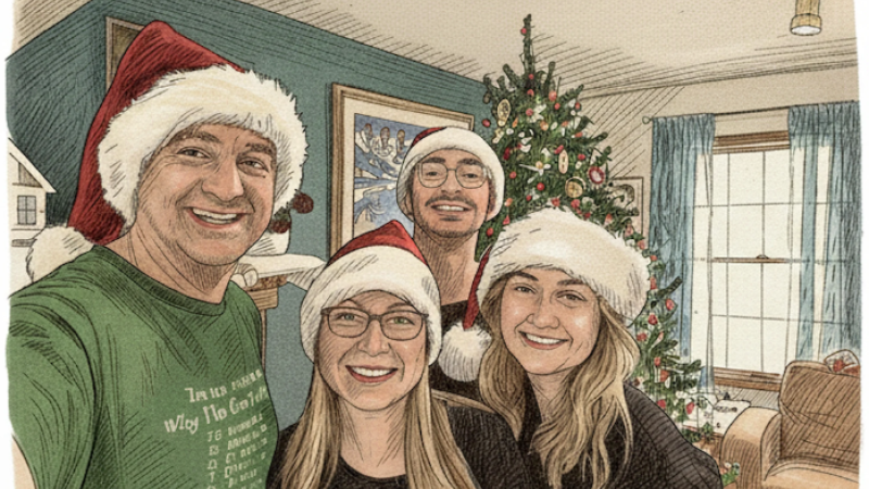 An illustration of the Chadwick family posing for a selfie in front of a Christmas tree.