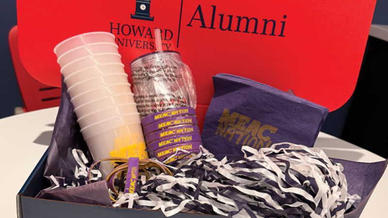 Howard University Bison Box containing branded cups, decorations, and other Howard-themed materials