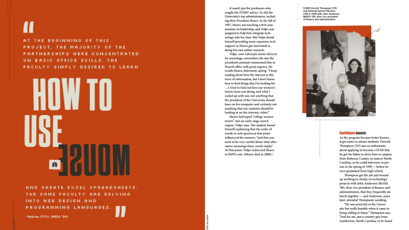 A magazine spread. On the left against a red background is a long quote with the words, "how to use a mouse" pulled out in larger text as a headline. On the right, a white background, a black and white photo, and two columns of text that don't fill the entire page.
