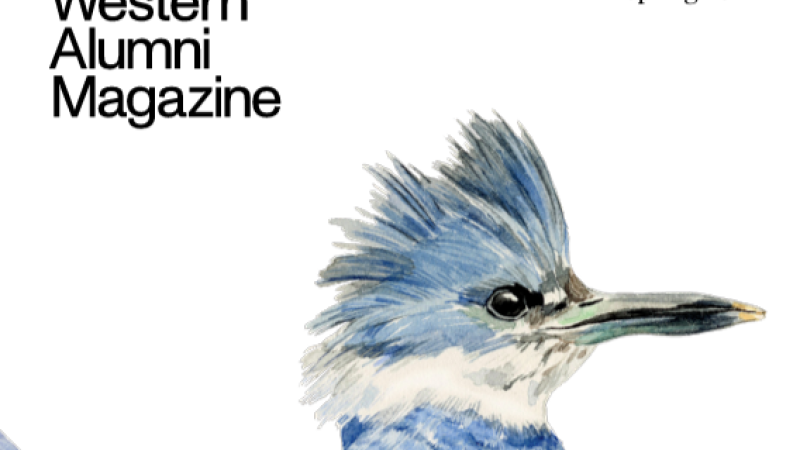 Below the Western Alumni Magazine masthead, an illustration of a blue bird.