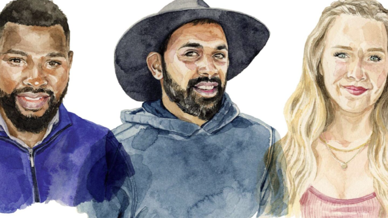 A series of three illustrations of Western PhD students. The first is a man wearing a blue zip-up jacket, the second a man wearing a gray sweatshirt and wide-brimmed hat, and the third a woman wearing a white cardigan and pink shirt.