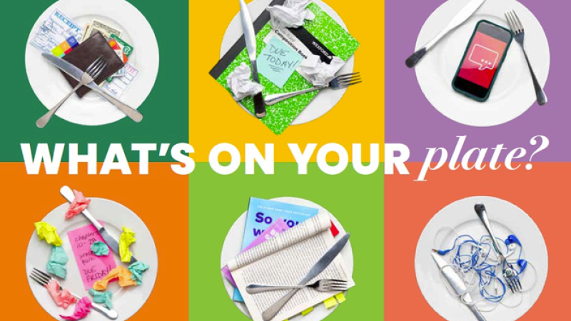 A 3x2 grid of colored squares, each with a white plate at their center. On the plates rest utensils alongside various items, including wired headphones, a book, a phone, crumpled papers, and a wallet.