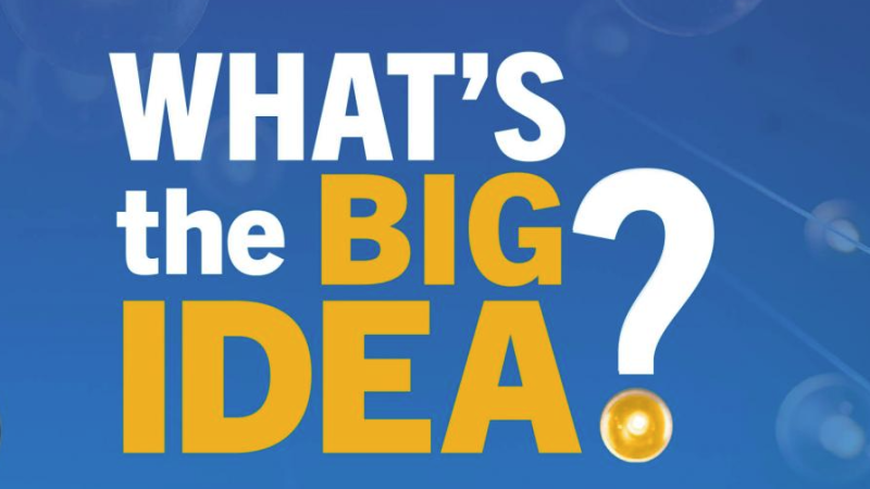 Logo for University of Manitoba's What's the Big Idea? podcast with white and yellow text against a light blue background.