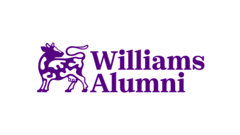 In purple color, the words "Williams Alumni" and an illustration of a spotted cow.