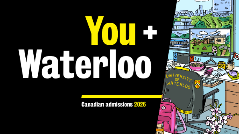 The cover for the You+Waterloo viewbook features an illustration of a college dorm room in bright pastel colors.