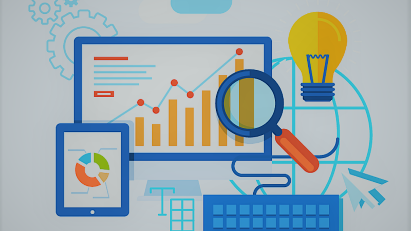 Illustration of the tools for data analysis: a computer, data, graphs, charts