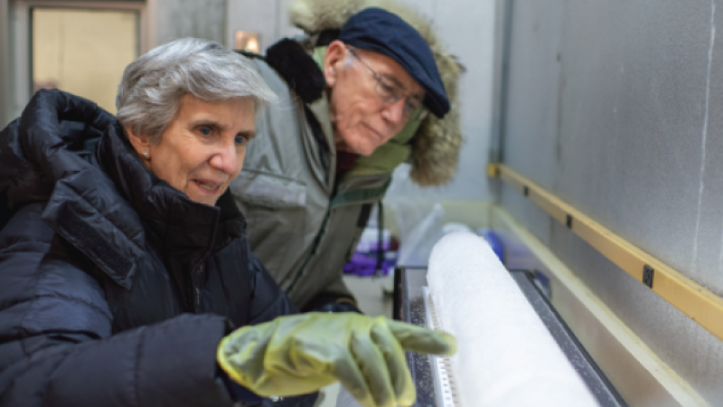 Ohio State University researchers examine an ice core