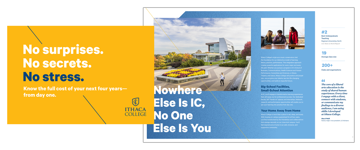 Example of the postcard all accepted students at Ithaca College received to inform them of the college’s new pricing and values strategy.
