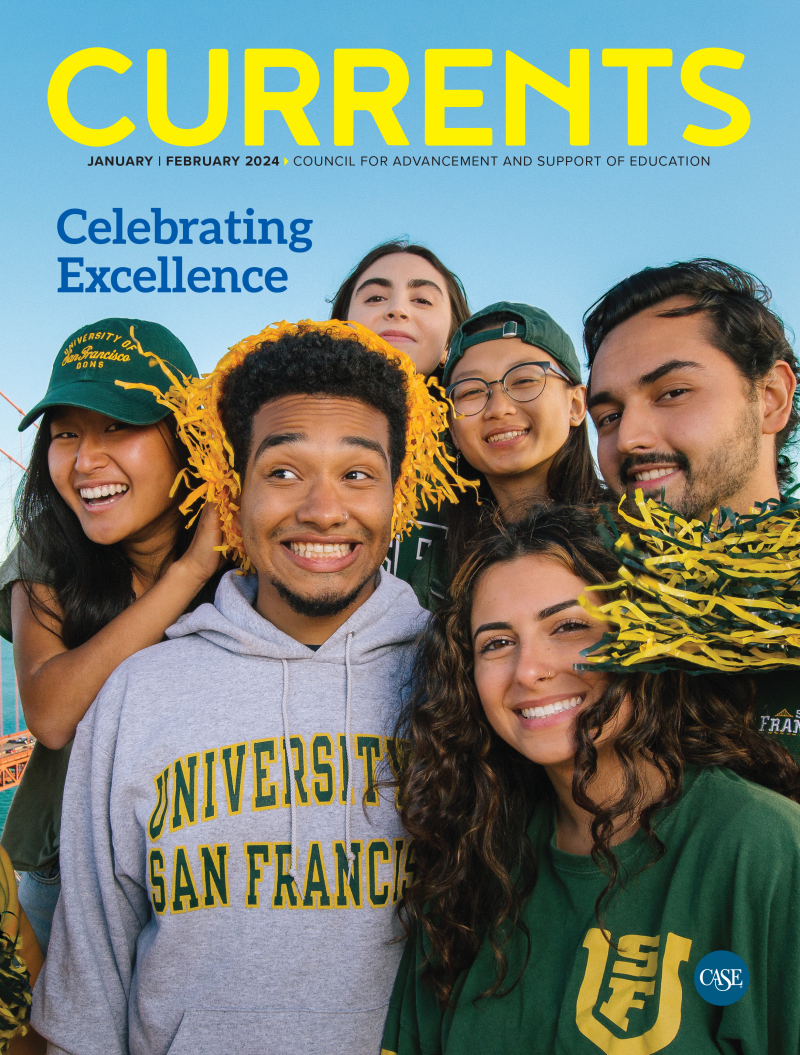 cover of currents: a group of students, smiling, in their university-branded outfits